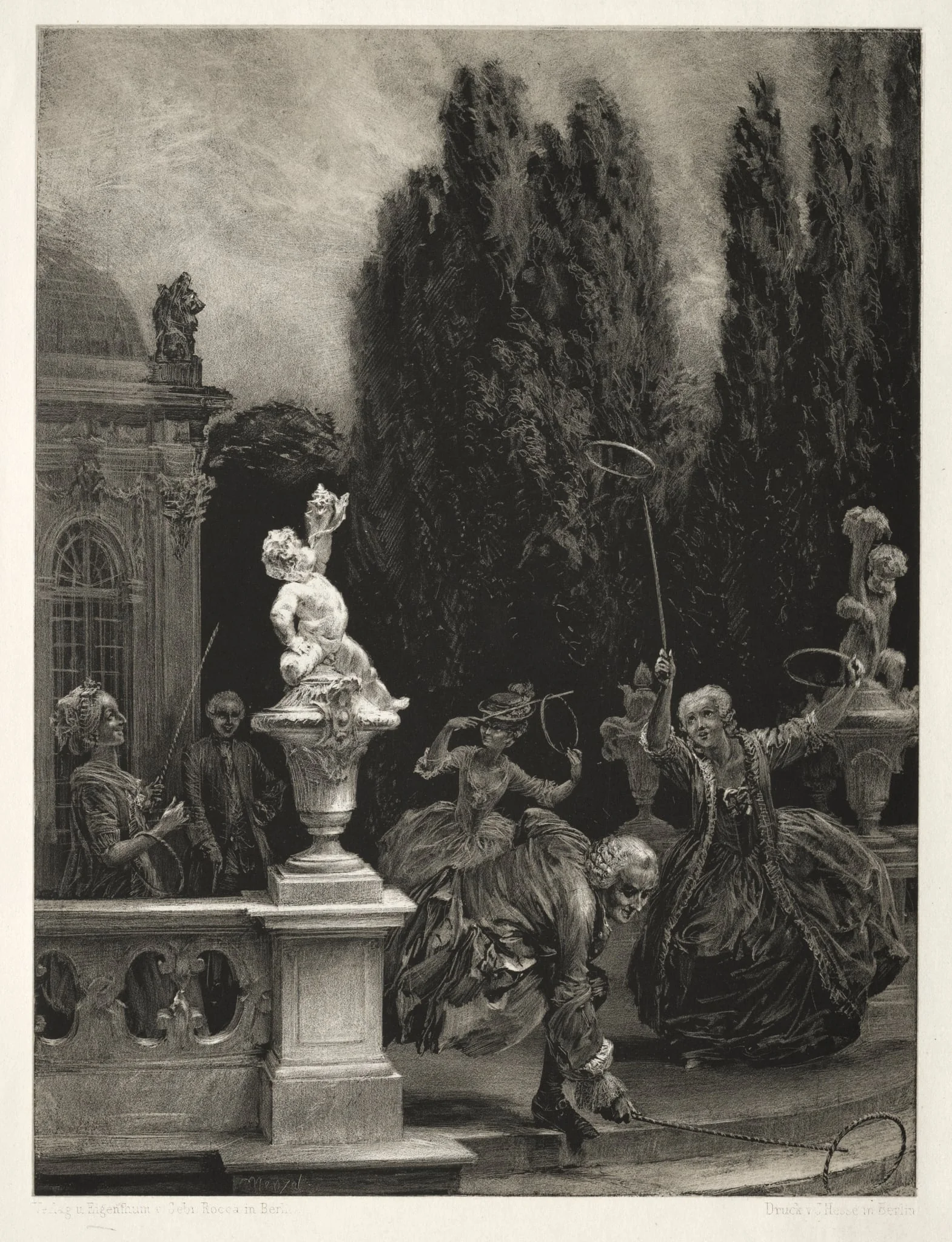 Essay on Stone with Brush and Scraper:  Playing at Hoops on the Castle Terrace, by Adolph von Menzel, 1851