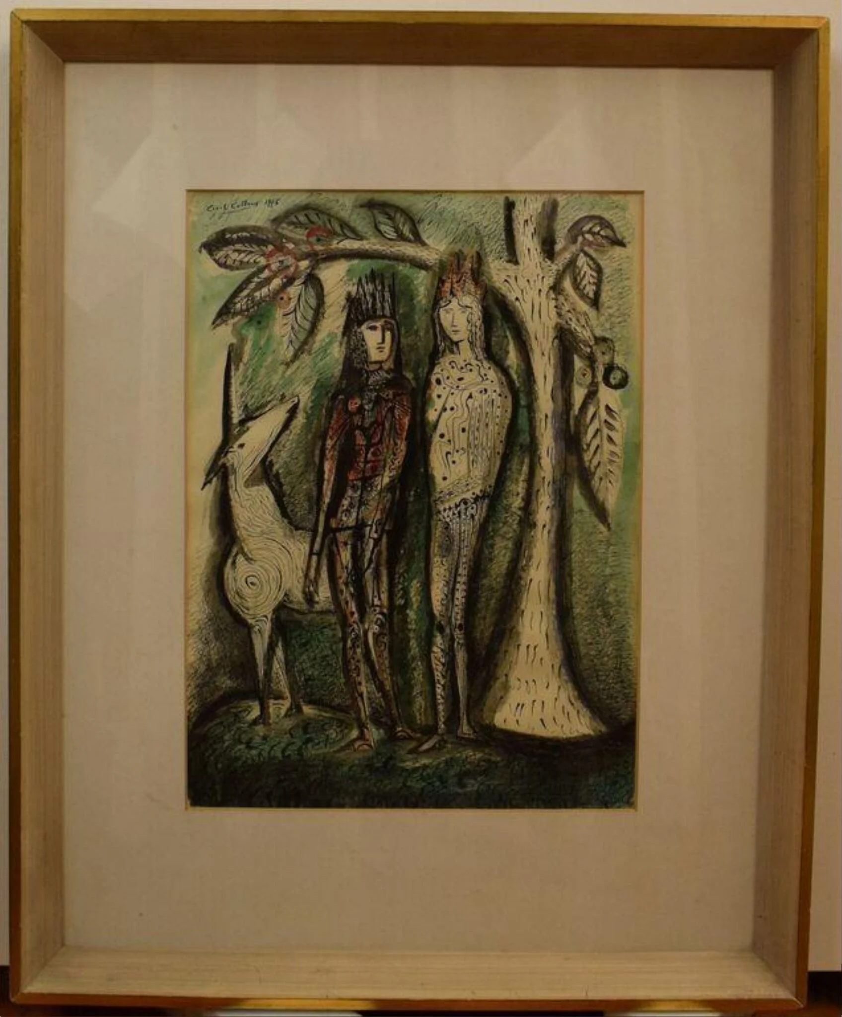 Two figures with a Unicorn, by Cecil Collins, watercolor, 1945