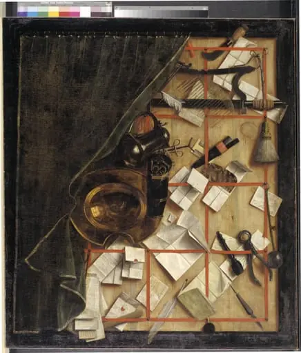 Trompe l'oeil. Letter Rack with a Barber-Surgeon's Instruments