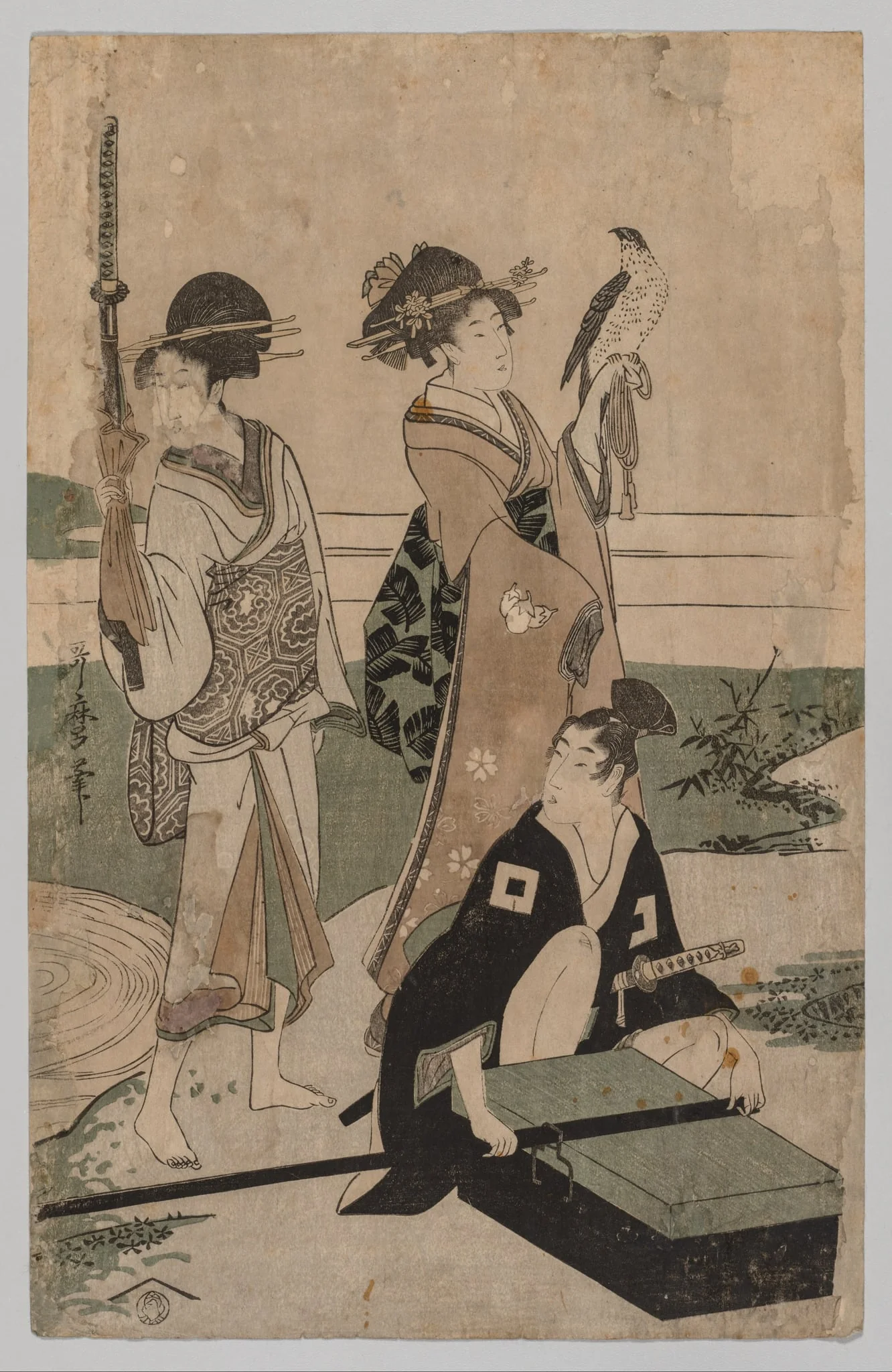 Daimyō and his Retinue Crossing a Stream in Plain Near Fuji, by Kitagawa Utamaro, 1780