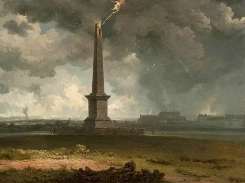 The Nelson Monument on Glasgow Green Struck by Lightning, by John Knox, oil, 1810