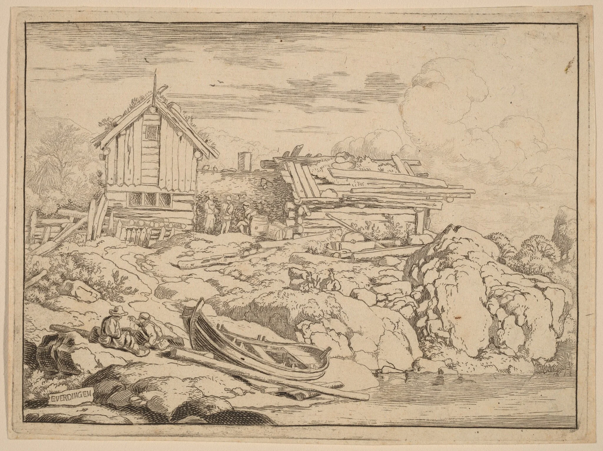 Boat at a River Bank with Three Goats, by Allart van Everdingen, ink, 1650