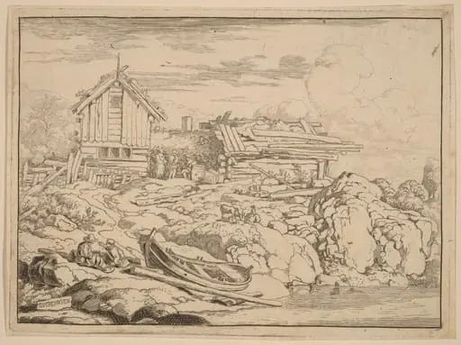 Boat at a River Bank with Three Goats