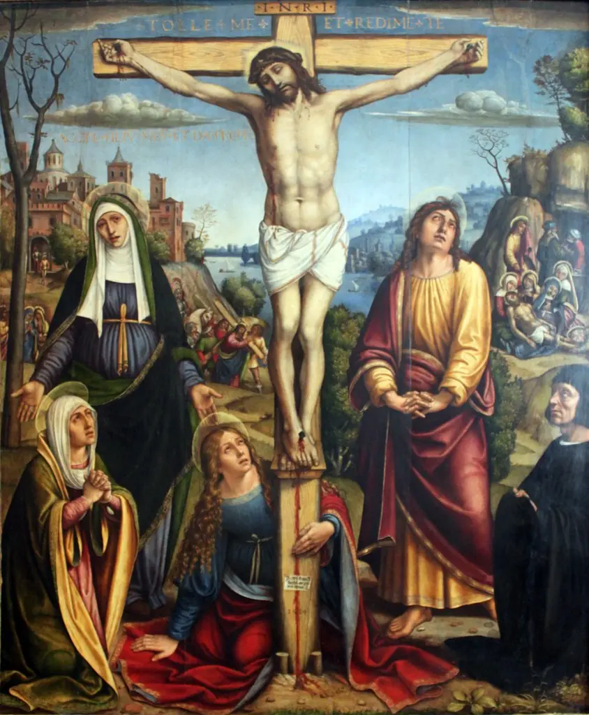 Christ on the Cross, mourned by the three Marys, John and a donor