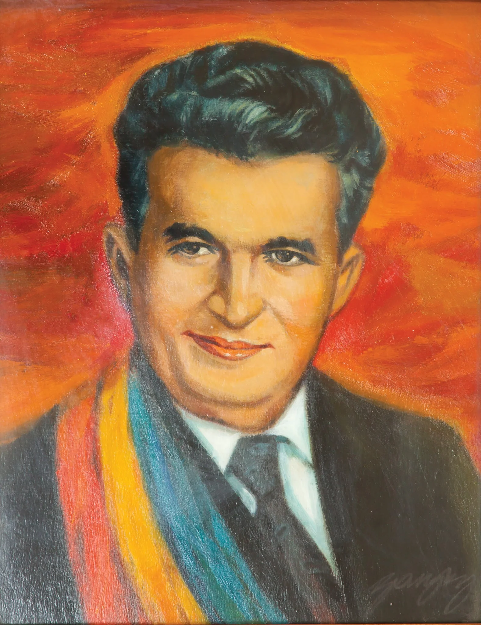 Tablou, „Portret Nicolae Ceaușescu”, semnat Barany în partea dreaptă jos, nedatat. Tabloul prezintă portretul lui Nicolae Caușescu cu banderolă tricoloră pe un fundal roșu - oranj. Comandat și oferit de Comitetul Județean de Partid Arad cu ocazia unei aniverări.