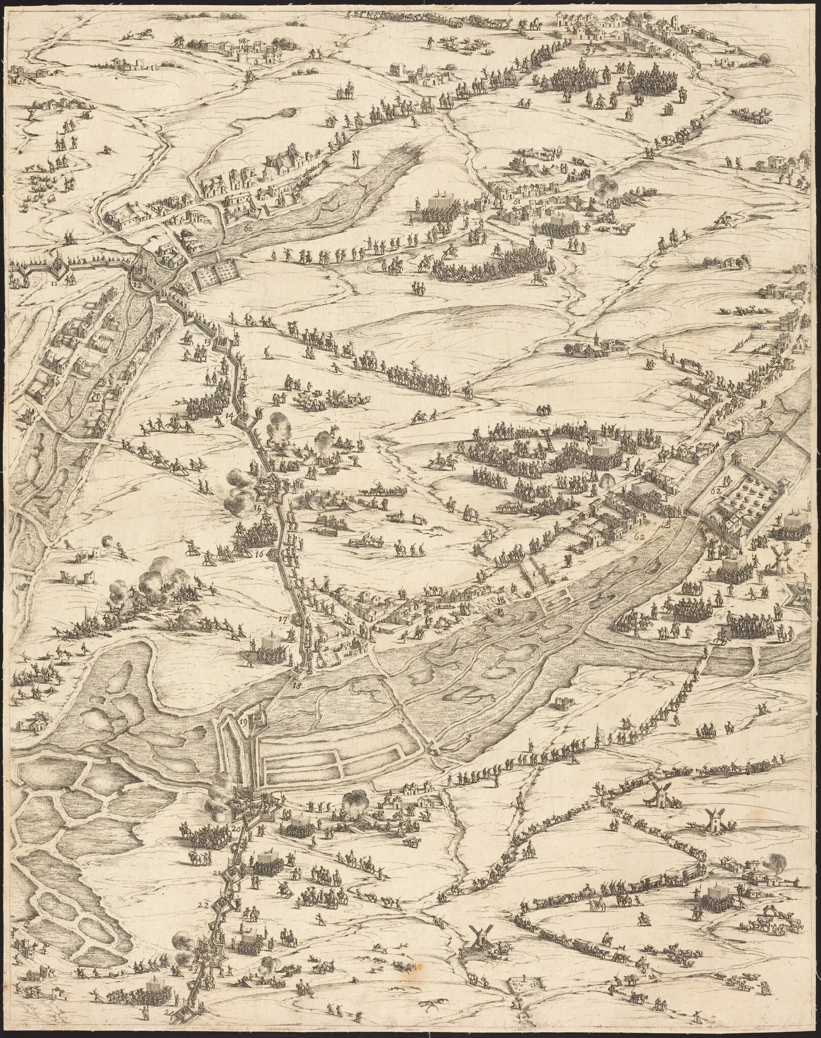 The Siege of La Rochelle [plate 7 of 16;  set comprises 1952.8.97-112], by Jacques Callot, ink, 1630