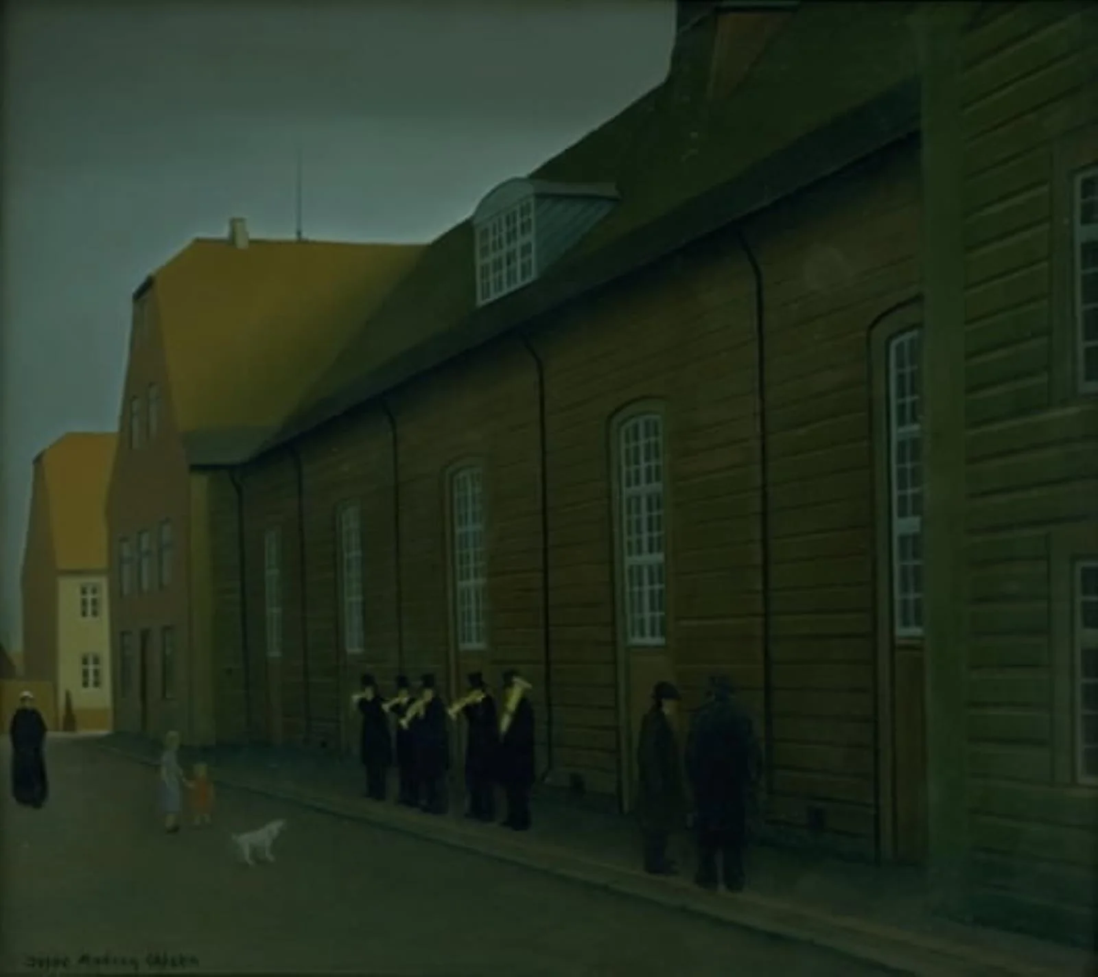Playing to Announce a Death Among the Moravian Brethren, by Jeppe Madsen Ohlsen, oil, 1936