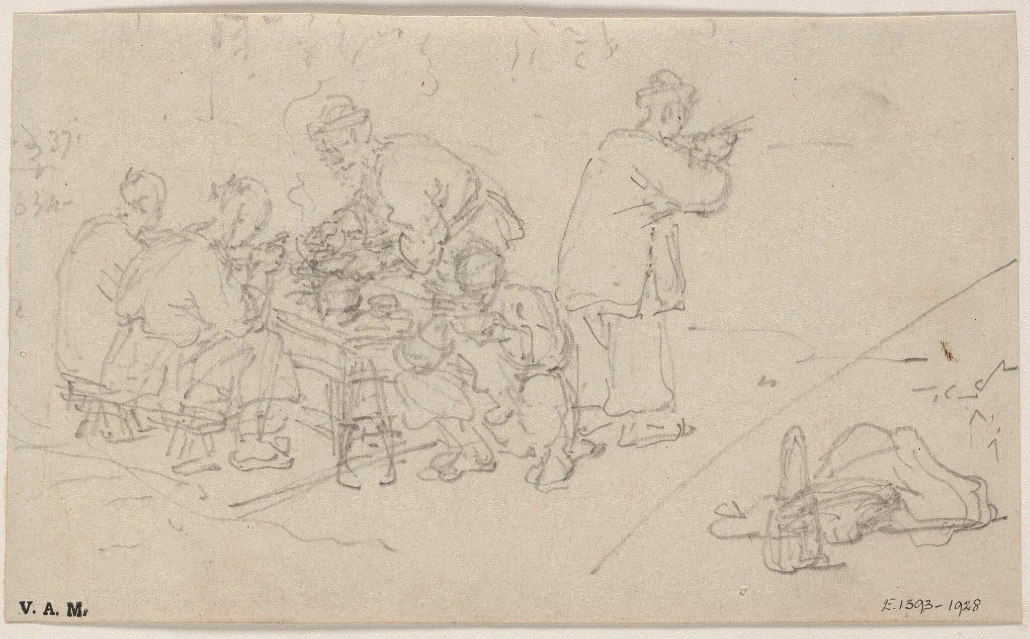 Chinese figures eating food at a table