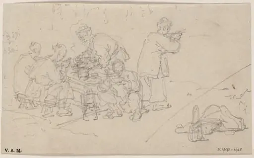 Chinese figures eating food at a table