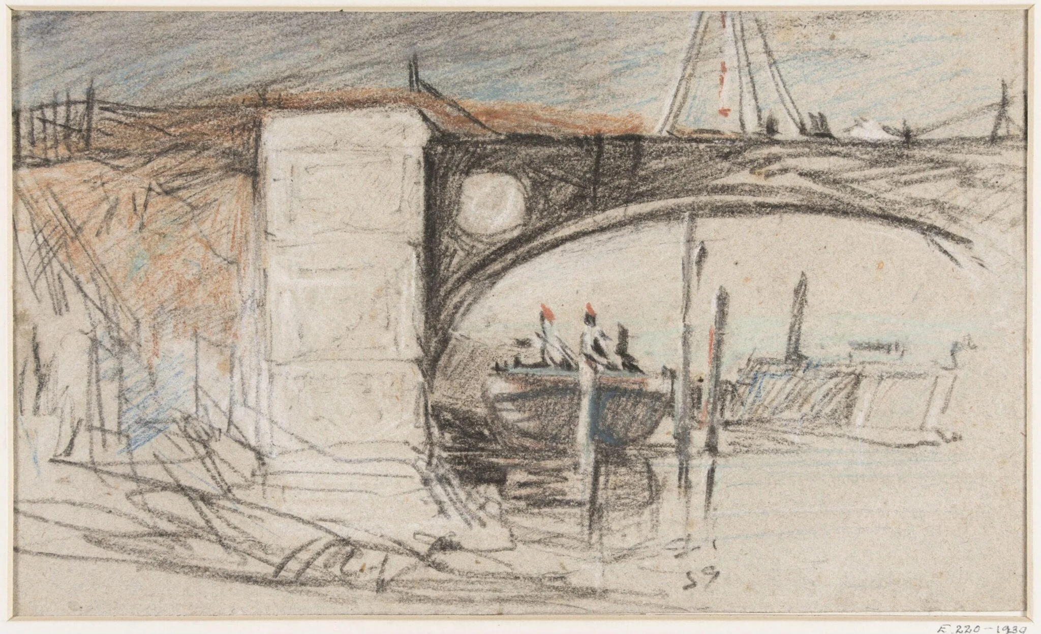 View of a bridge and shipping, by John Sell Cotman, 1800