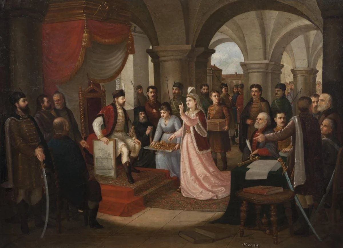 Doamna Despina oferă lui Neagoe Basarab giuvaerurile pentru zidirea Mănăstirii Curtea de Argeș, by Dan Mihail, unspecified