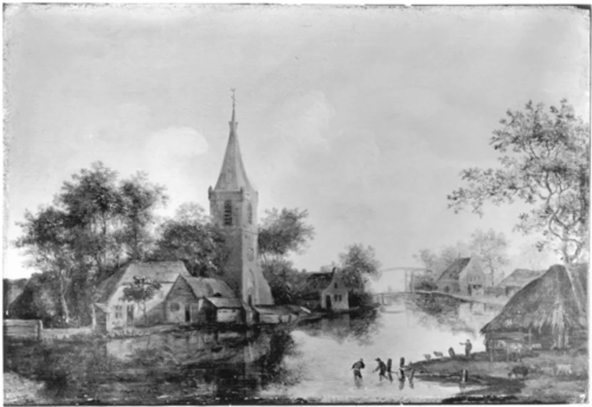 Flusslandschaft mit Kirche und Dorf, by Cornelis van Zwieten, oil, 1649