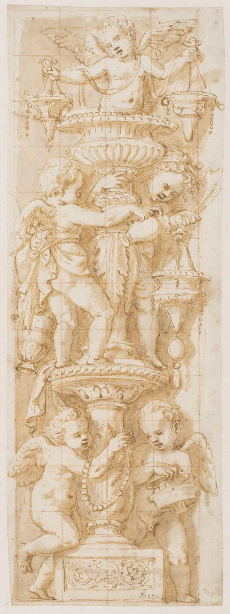 Design for the decoration of a pilaster: infant angels playing round the stem of a candelabrum, by Giulio Romano, 1500