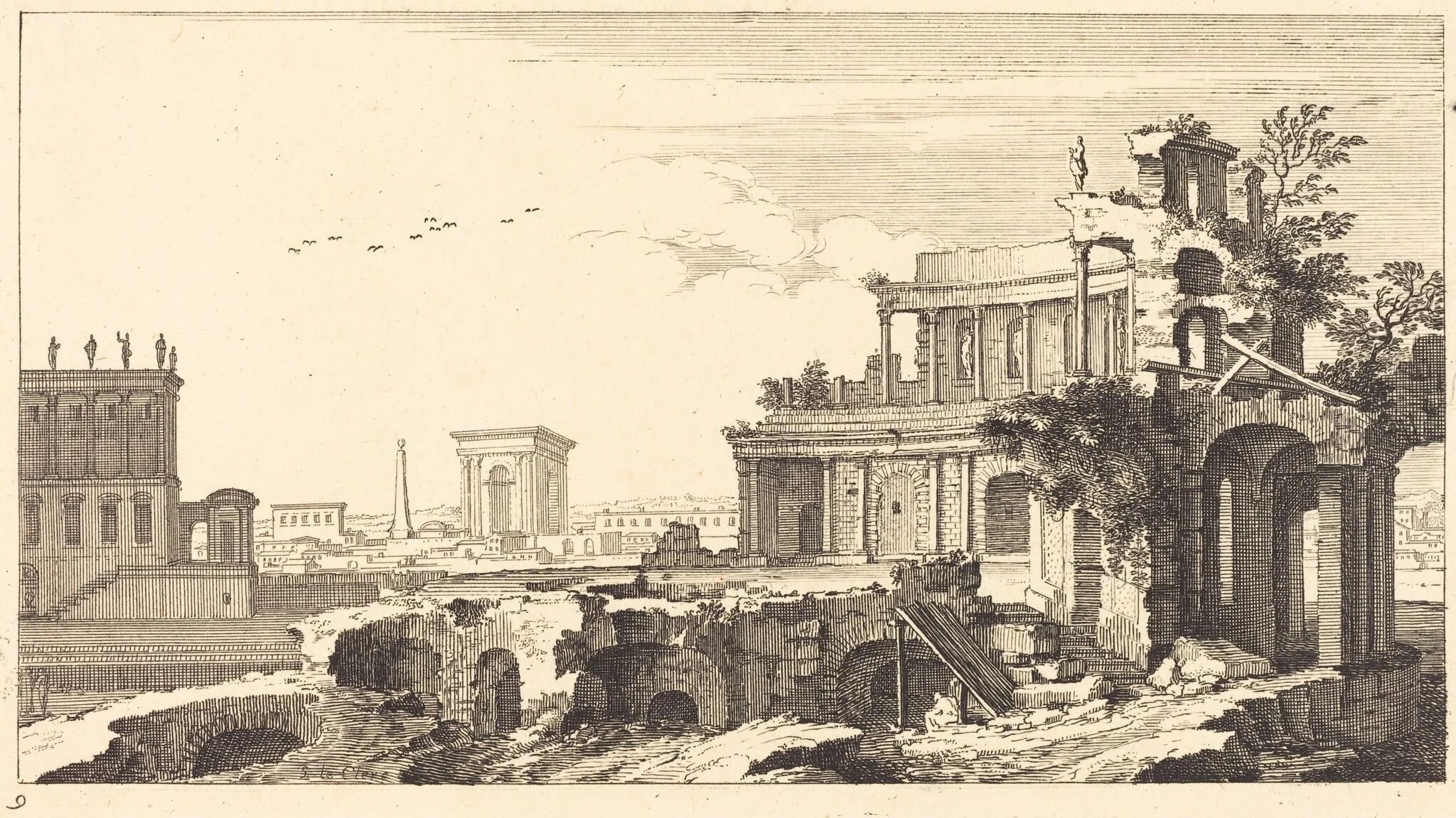 Landscape with Classical Ruins, by Sébastien Le Clerc I, ink, 1673