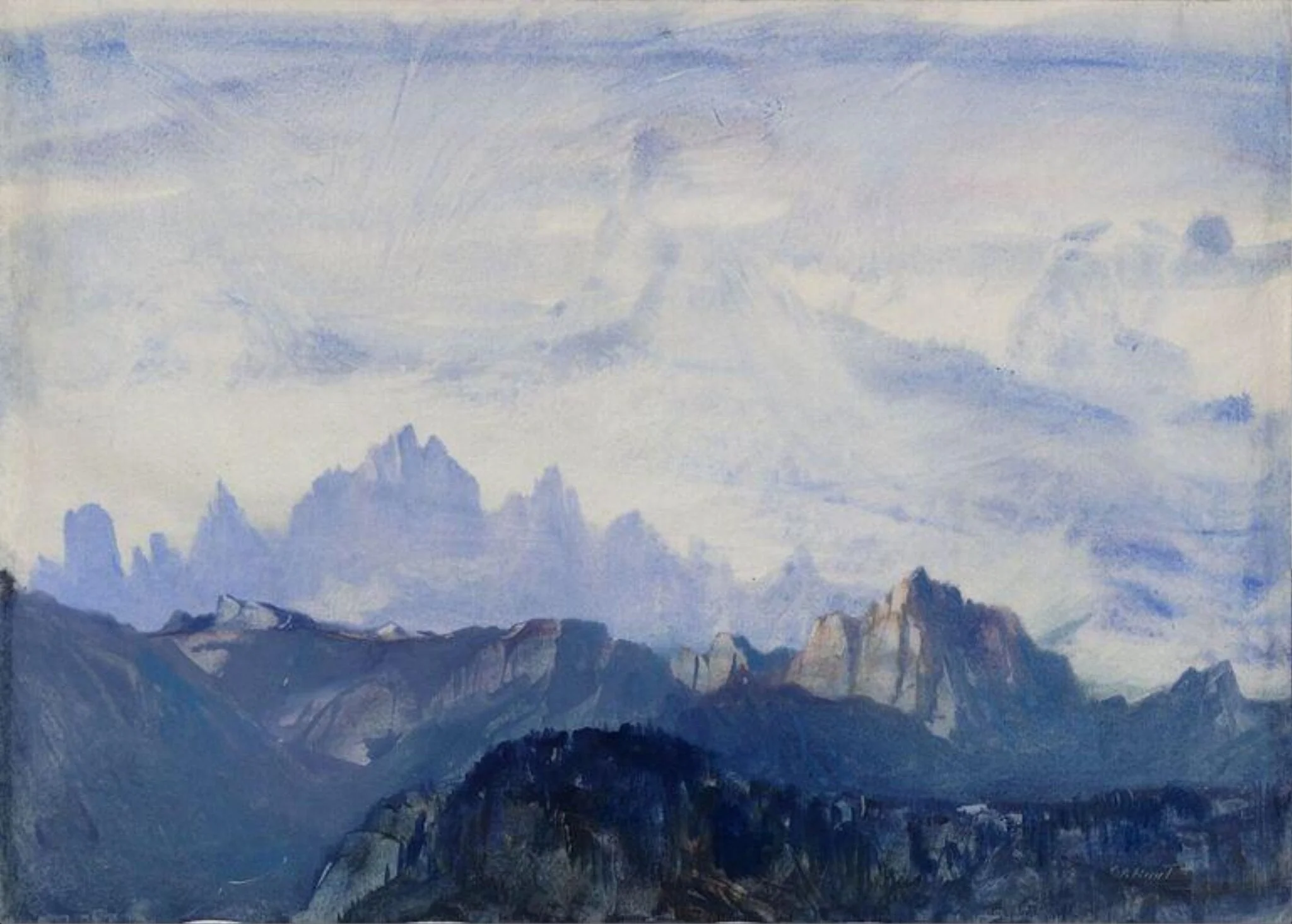 Cadini Dolomites, Misurina, by Cecil Hunt, watercolor, 1950