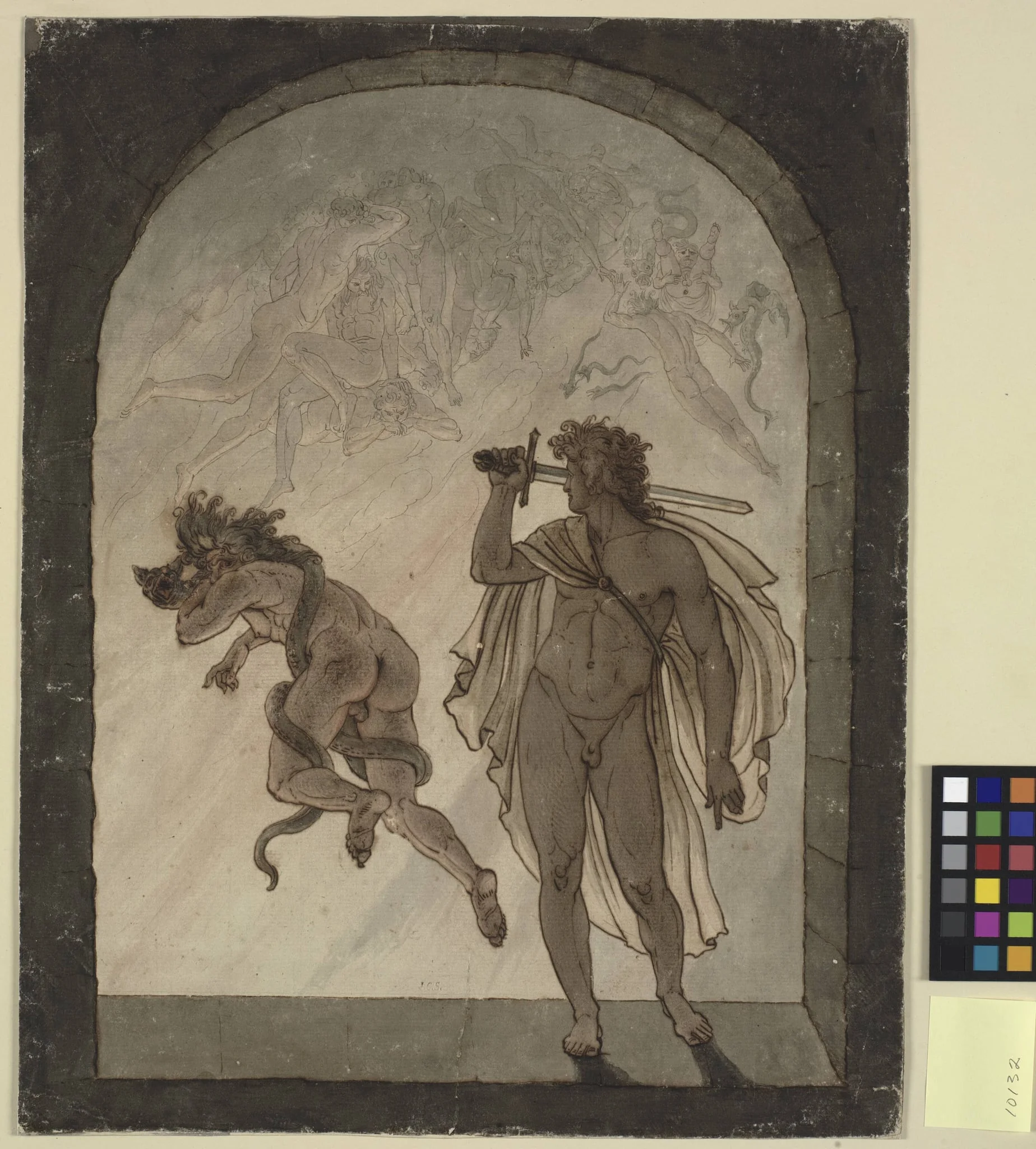 Ærkeengelen Michael ved Helvedes Port med sværd i hånden, by Unknown, unspecified, 1824