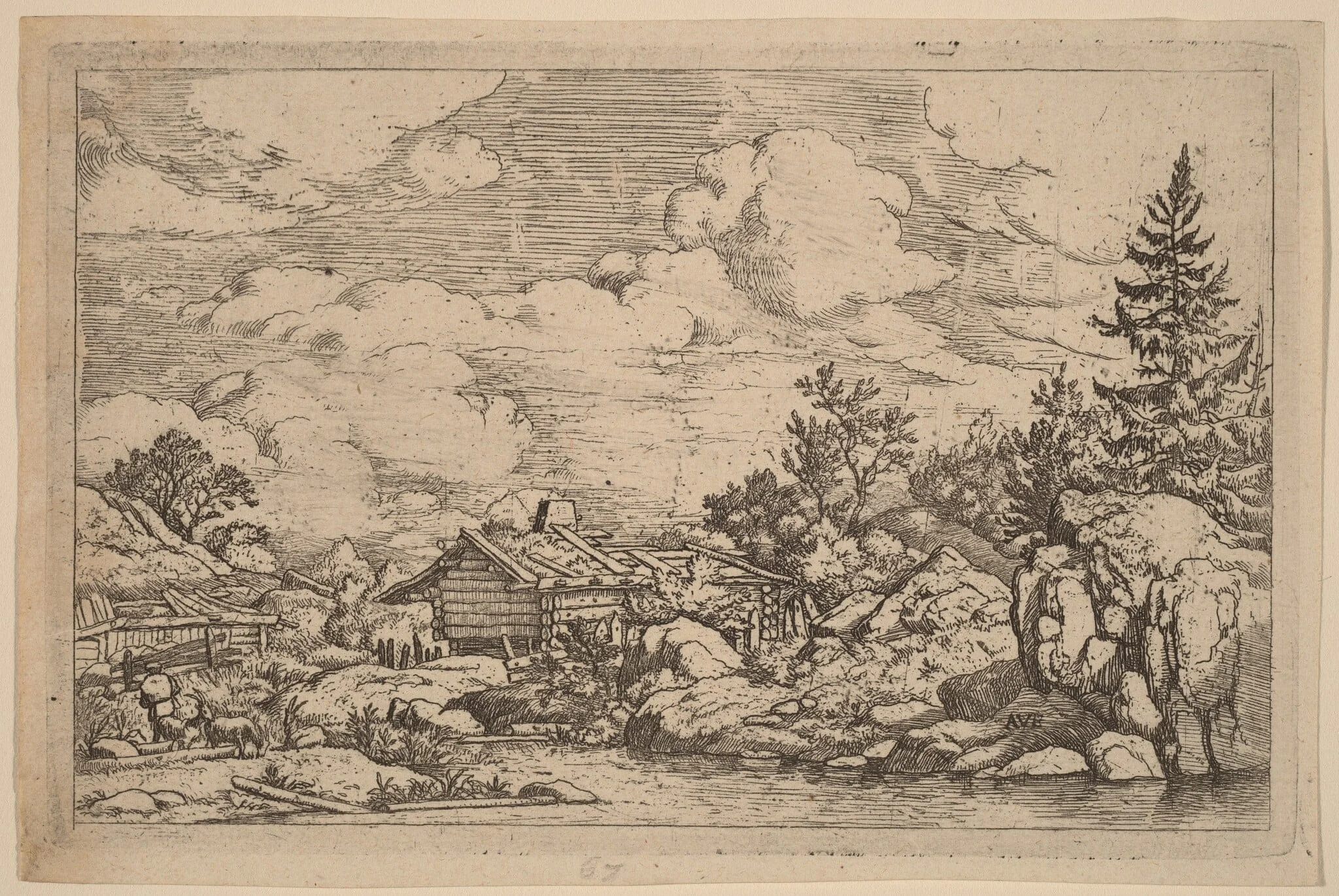 Three Goats at the River, by Allart van Everdingen, ink, 1650