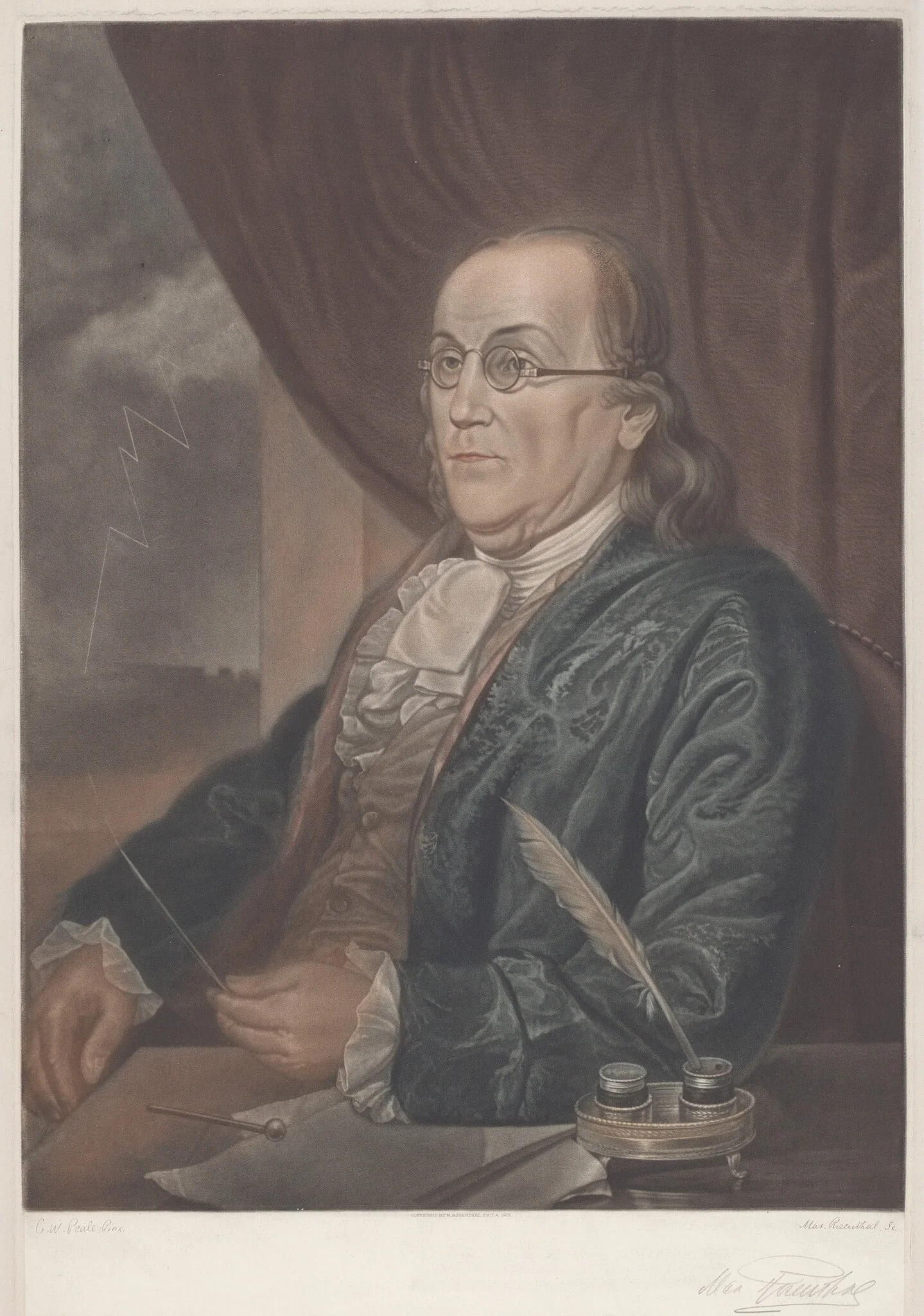 Benjamin Franklin, by Max Rosenthal, ink, 1901