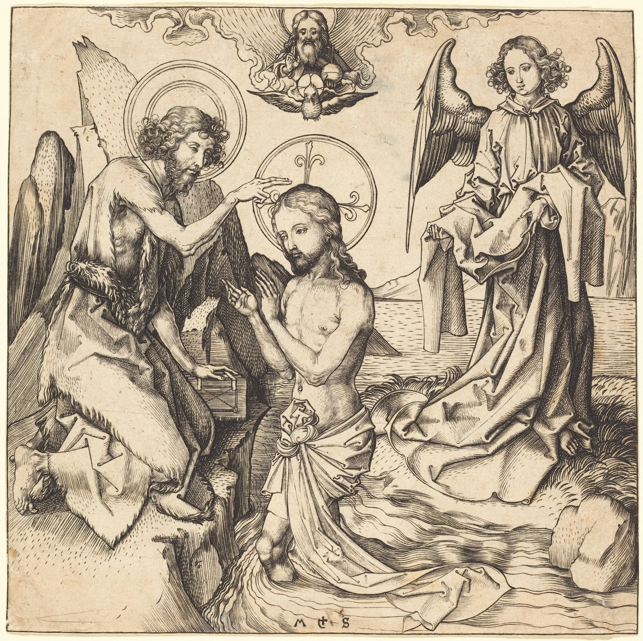 The Baptism of Christ, by Martin Schongauer, ink, 1485