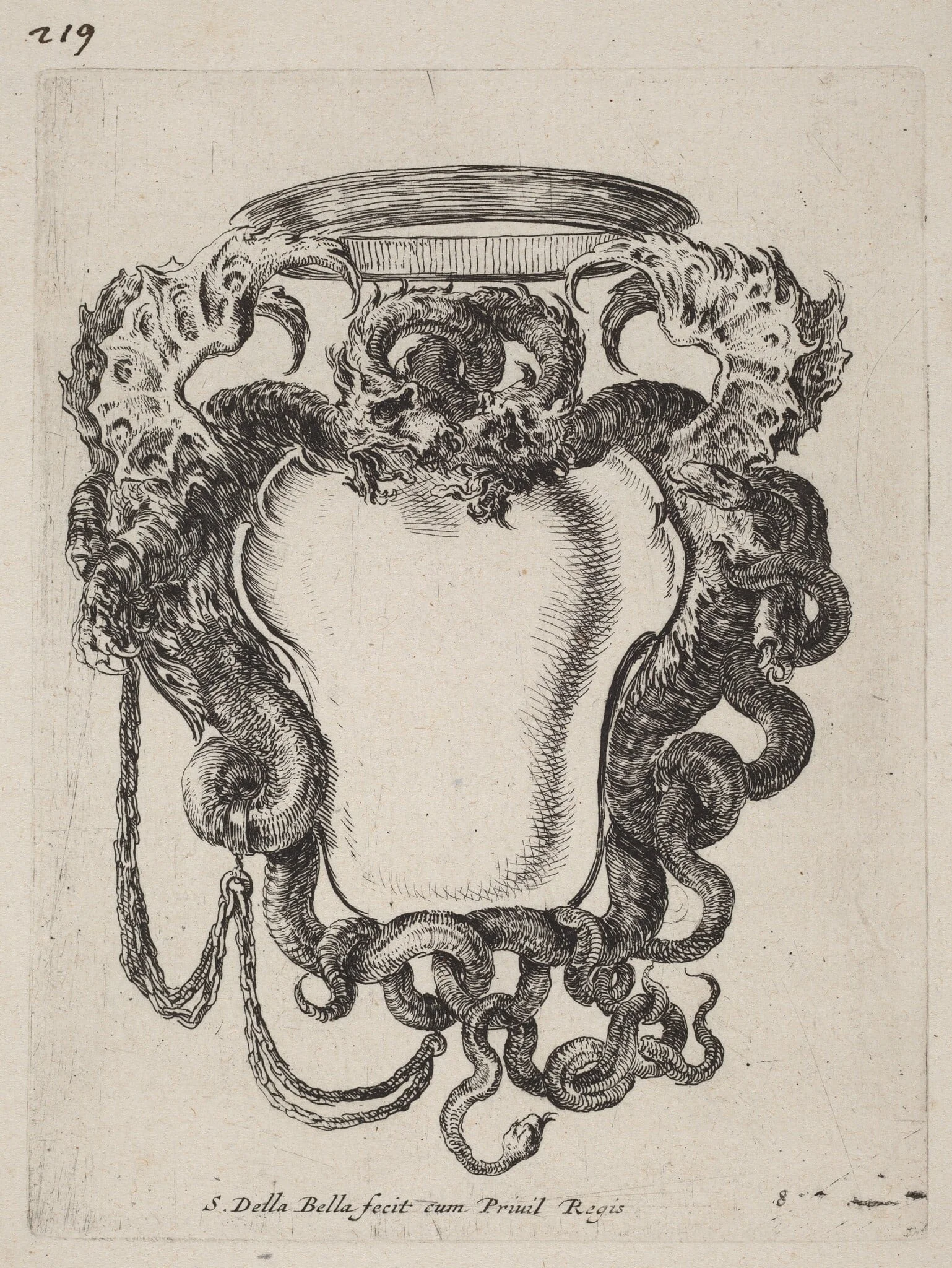 Cartouche Flanked by Dragons, by Stefano Della Bella, ink, 1647