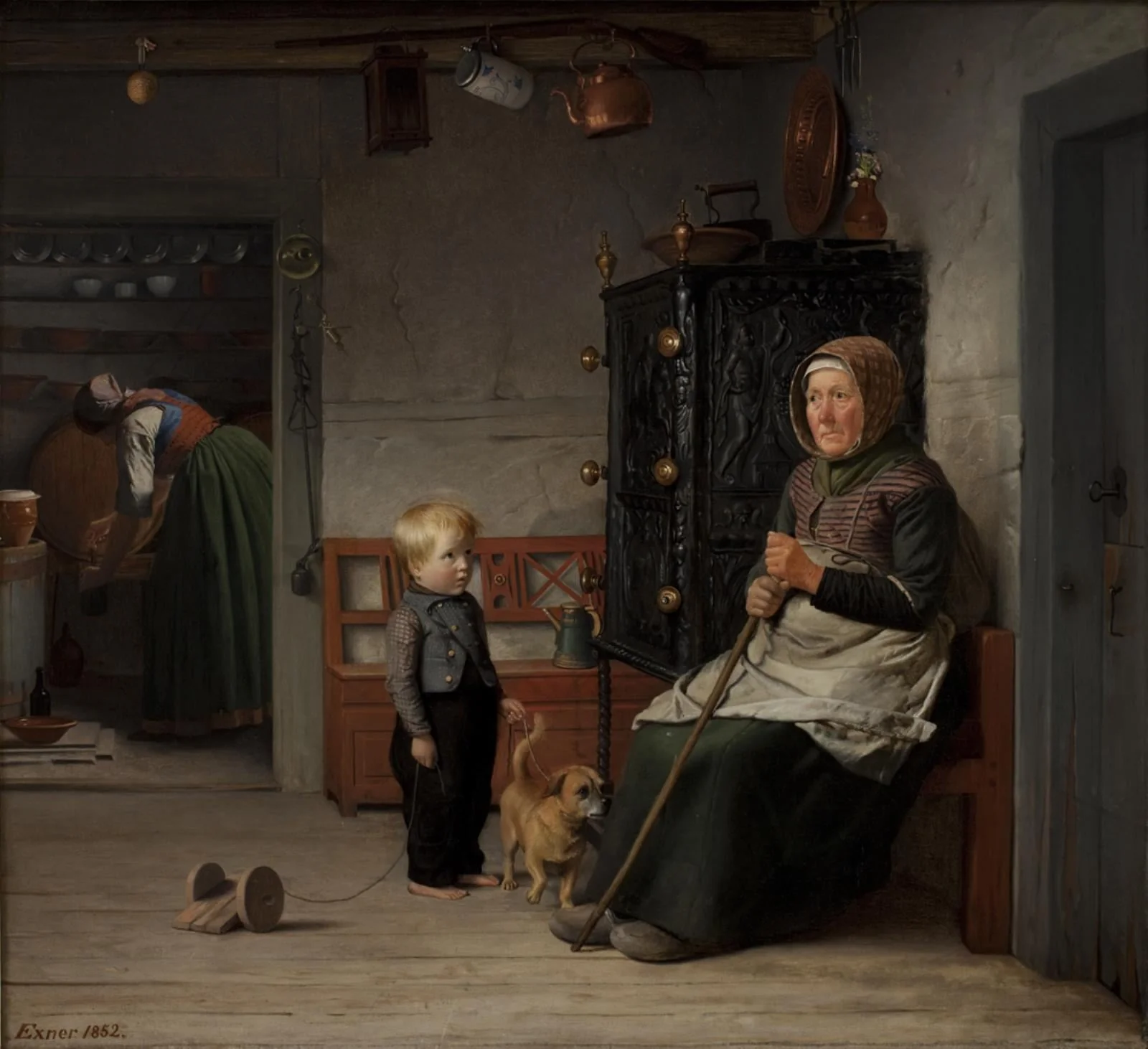En fattig kone der venter på et krus øl i en bondestue, by Unknown, 1852