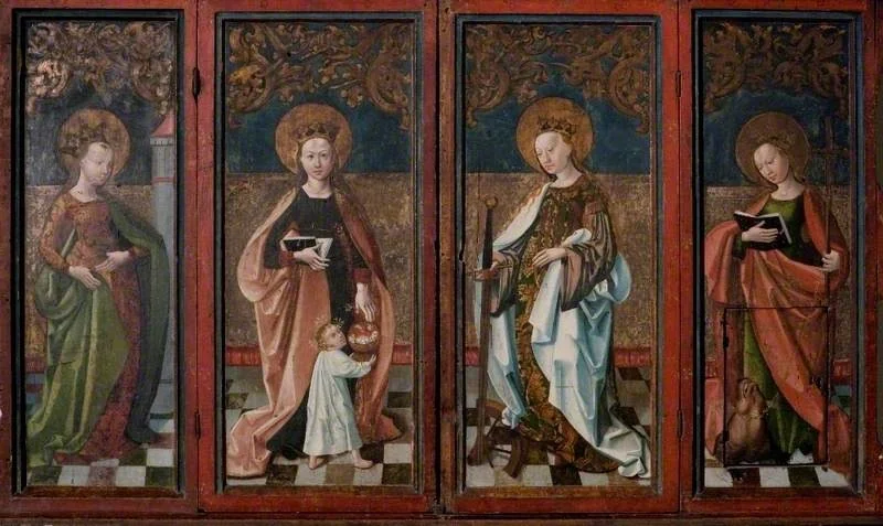 Saint Barbara (panel one), Saint Dorothy (panel two), Saint Catherine (panel three), and Saint Margaret (panel four) (predella of an altarpiece)
