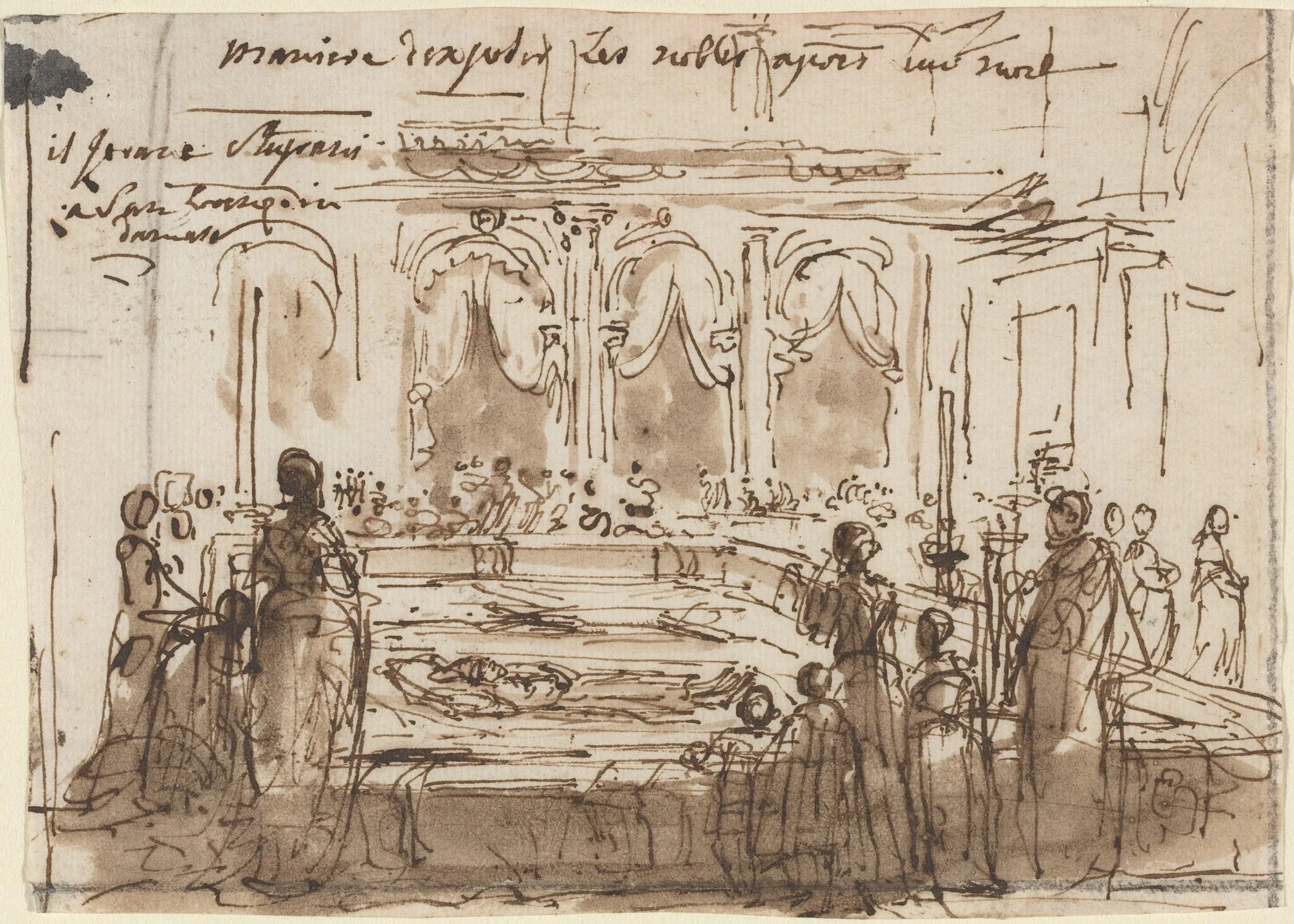 Maniere d'exposer les nobles apres leur mort, by Gabriel de Saint-Aubin, ink, 1752
