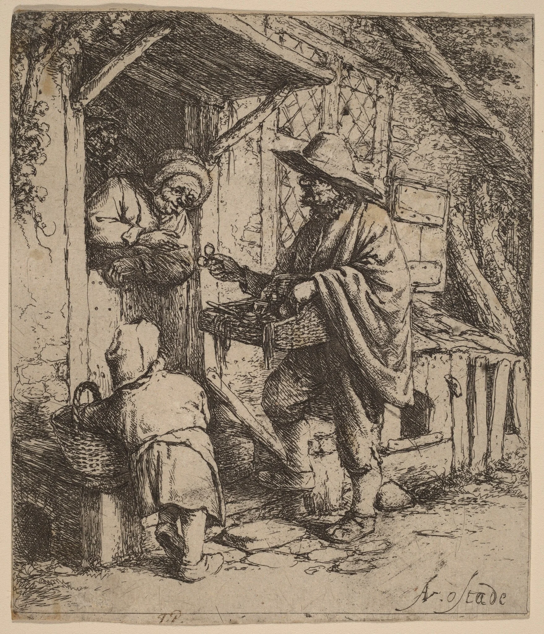 Street Vendor Selling Spectacles at the Door, by Adriaen van Ostade, ink, 1647
