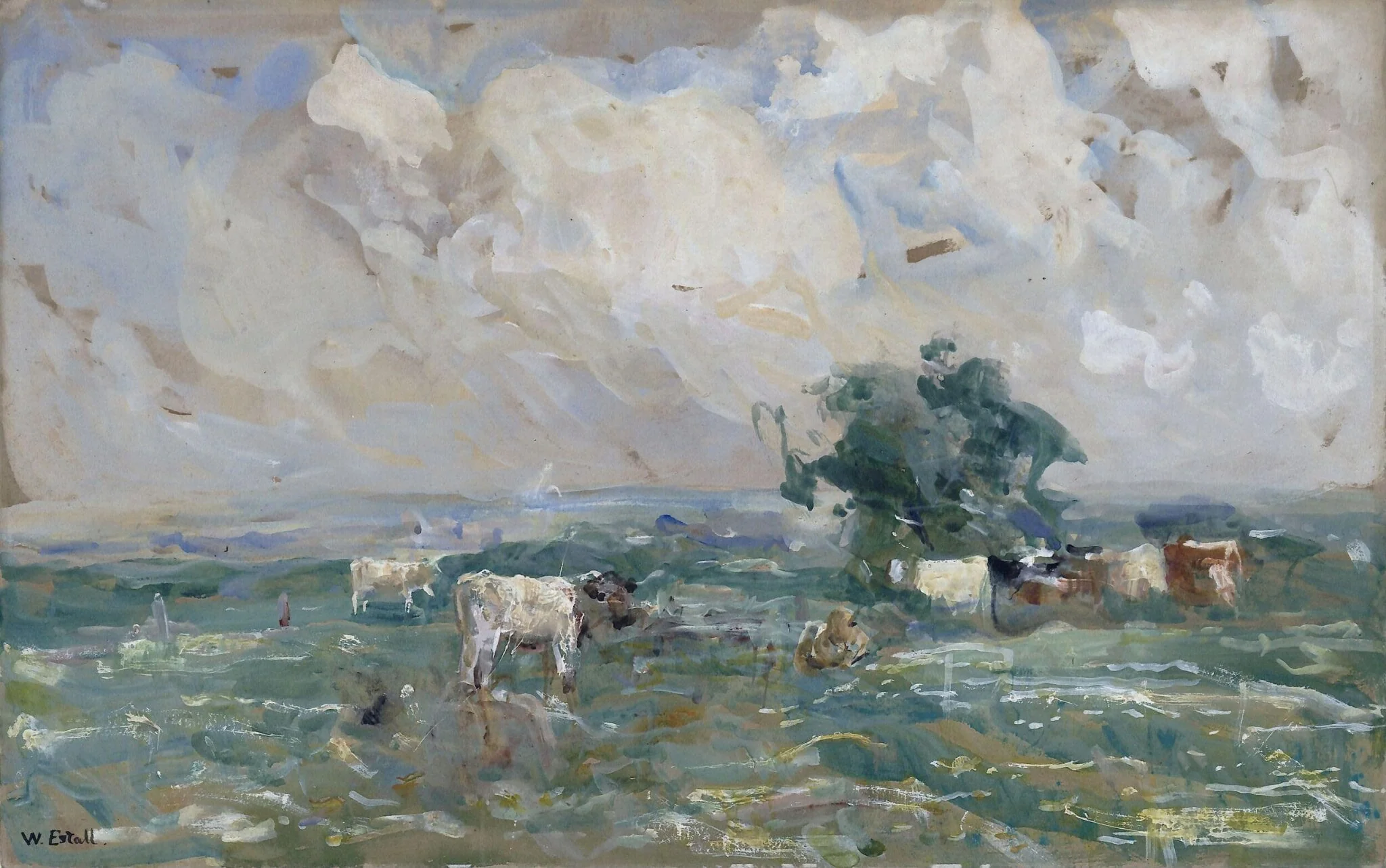 Landscape with Cattle, by Estall, watercolor, 1887
