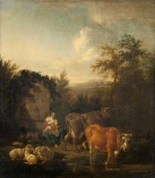 A Woman and a Child, Cattle and Sheep by a Fountain, by Adriaen van de Velde, oil, 1669