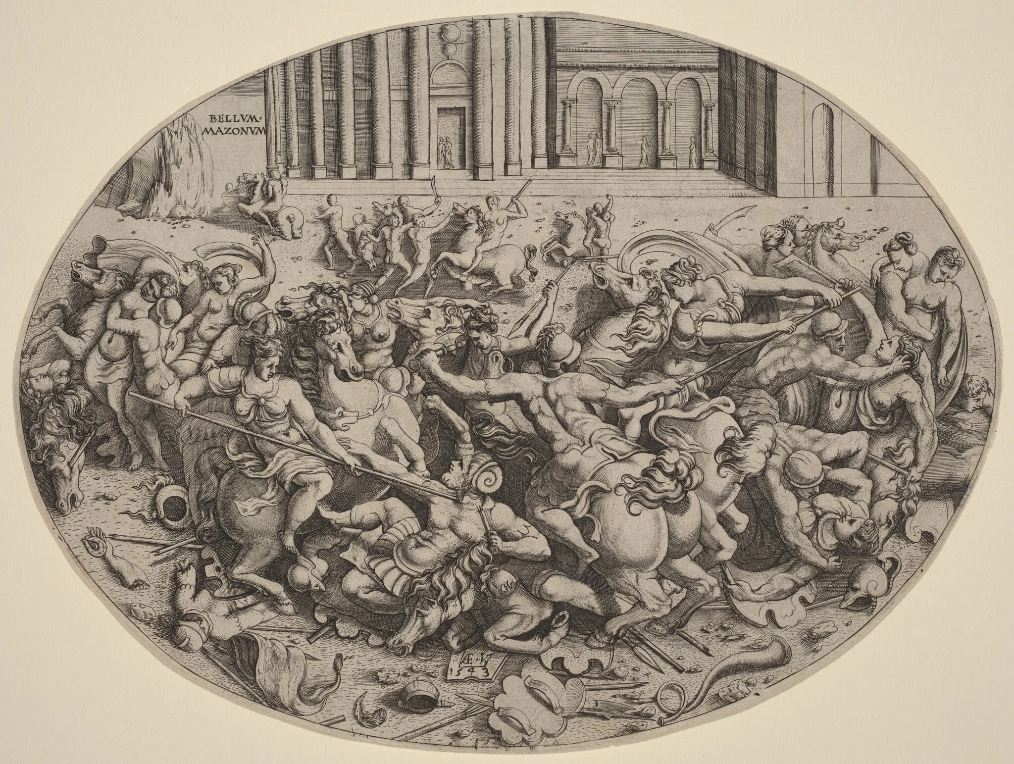 The Battle of the Amazons [recto], by Enea Vico, ink, 1543