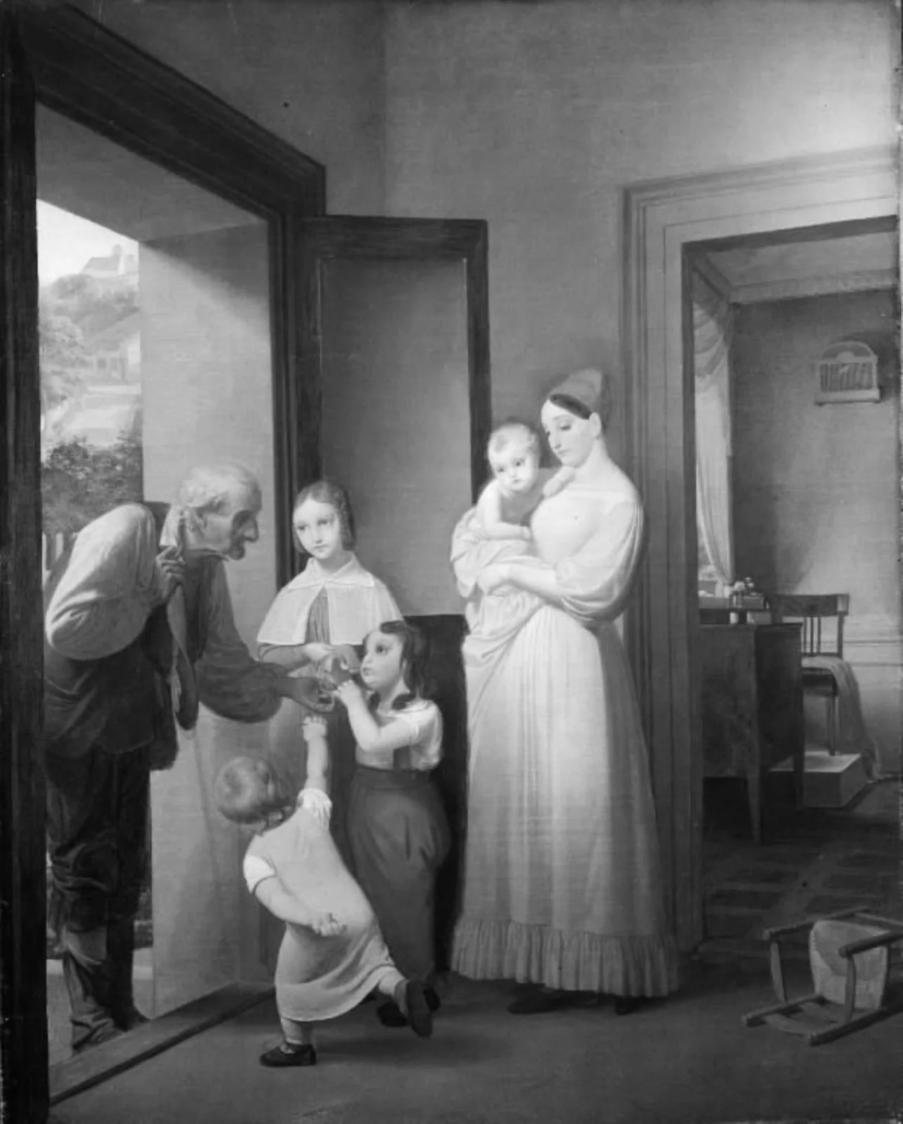 En gammel tigger ved døren får almisse af husets børn, by Unknown, 1850