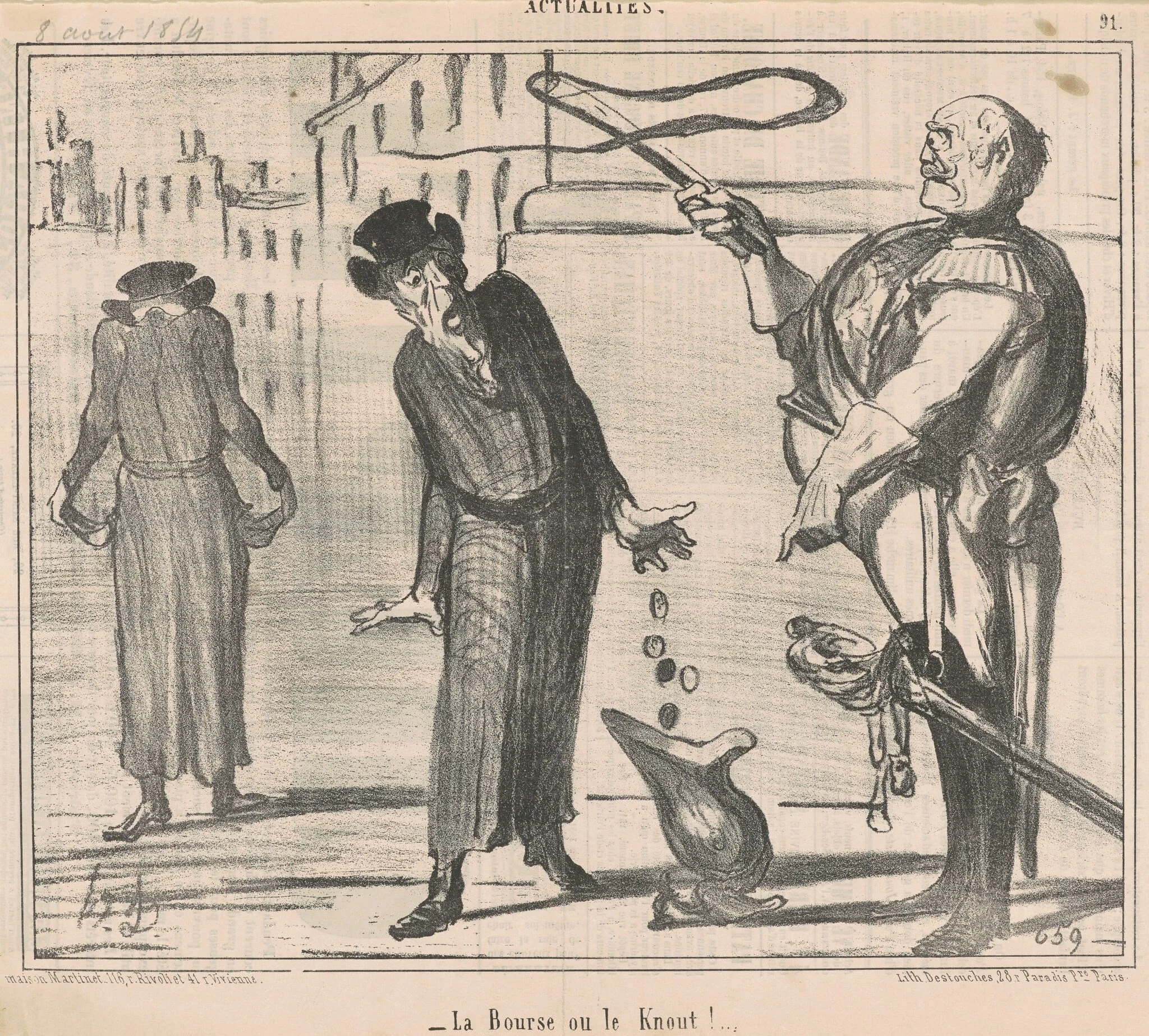 La bourse ou le knout!, by Honoré Daumier, ink, 1854