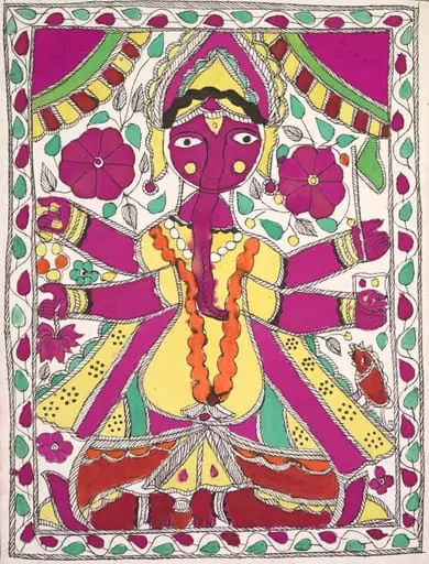 Large, multi-armed figure facing out