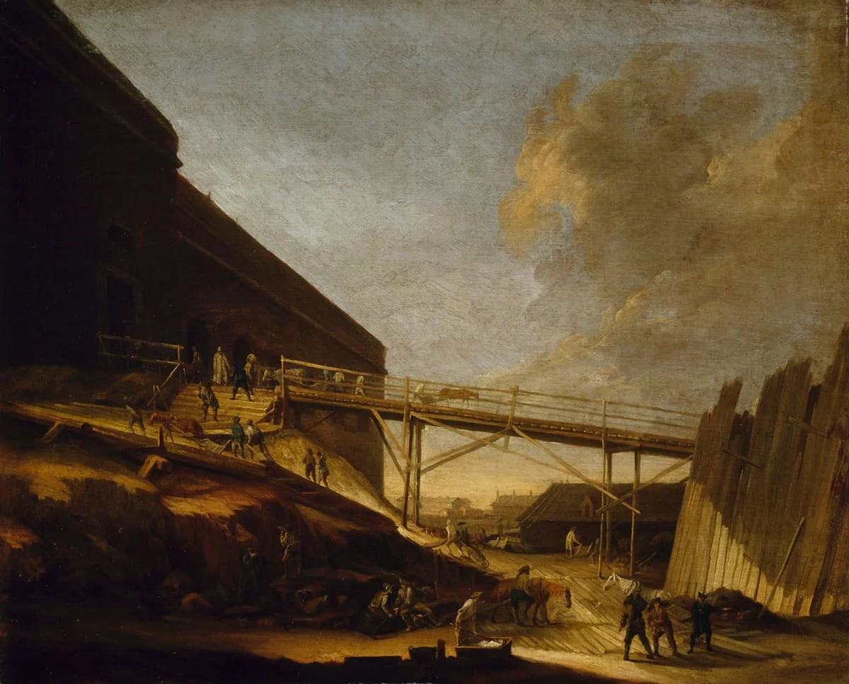 Rakennustöitä Suomenlinnassa, linnake Höpken Susisaarella, by Elias Martin, unspecified, 1788