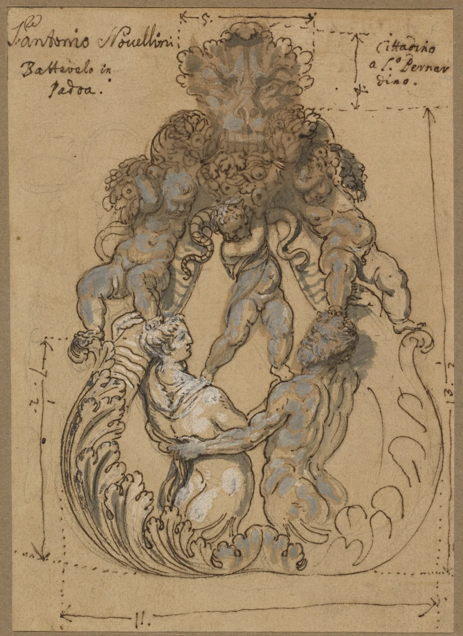 Door Knocker with Triton, Nereid, and Putti, by Italian 17th Century, ink, 1700
