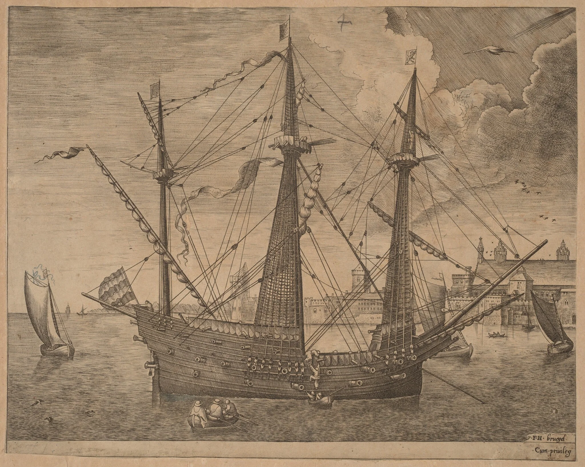 Armed Three-Master Anchored Near a City, by Frans Huys, ink, 1565