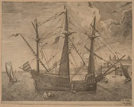 Armed Three-Master Anchored Near a City