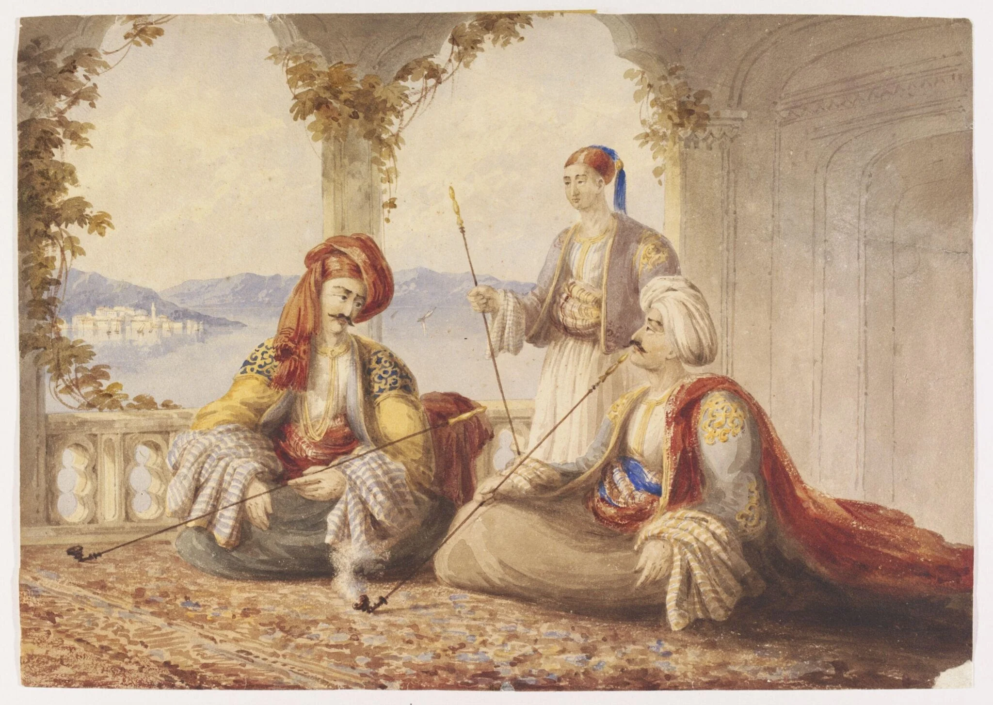 Two Turks, with a Servant, smoking on a Terrace overlooking a Lake or Sea in Turkey or Greece