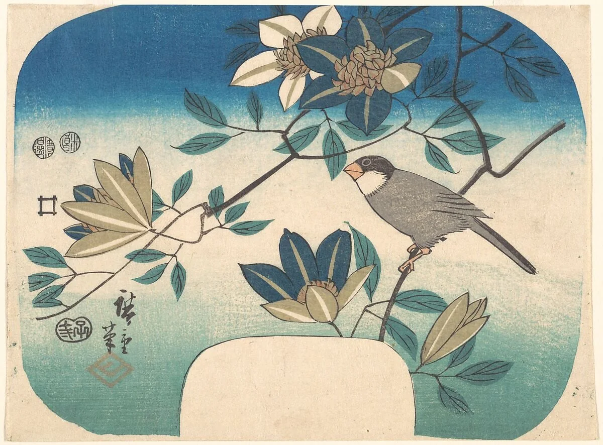 歌川広重画　鉄線花に鳥|Clematis and Bird, by Utagawa Hiroshige, ink, 1852