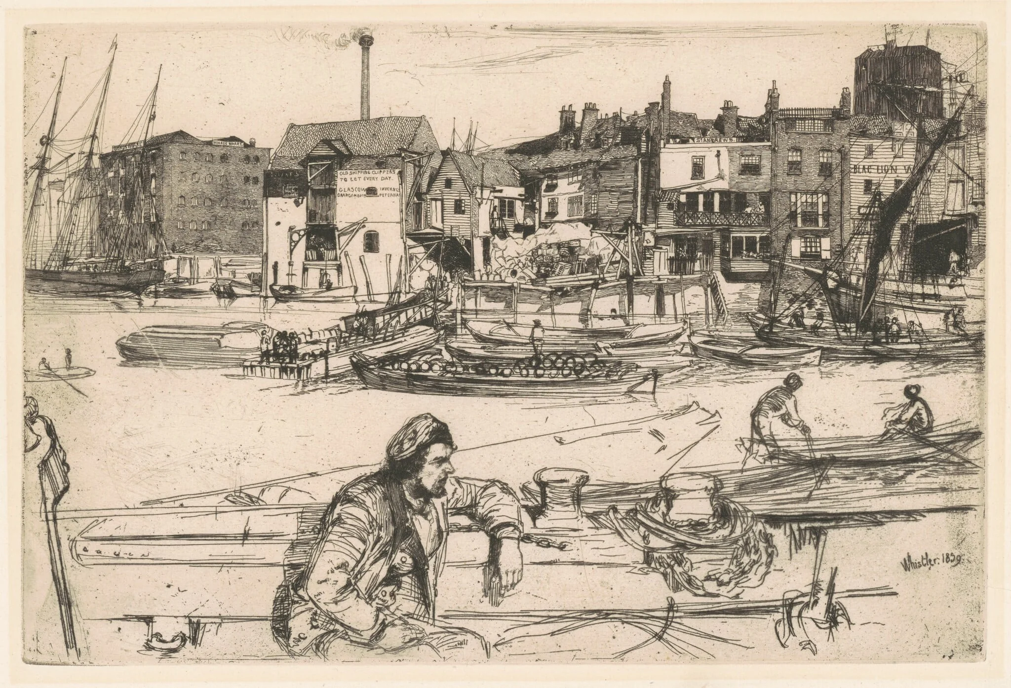 Black Lion Wharf, by James McNeill Whistler, ink, 1859