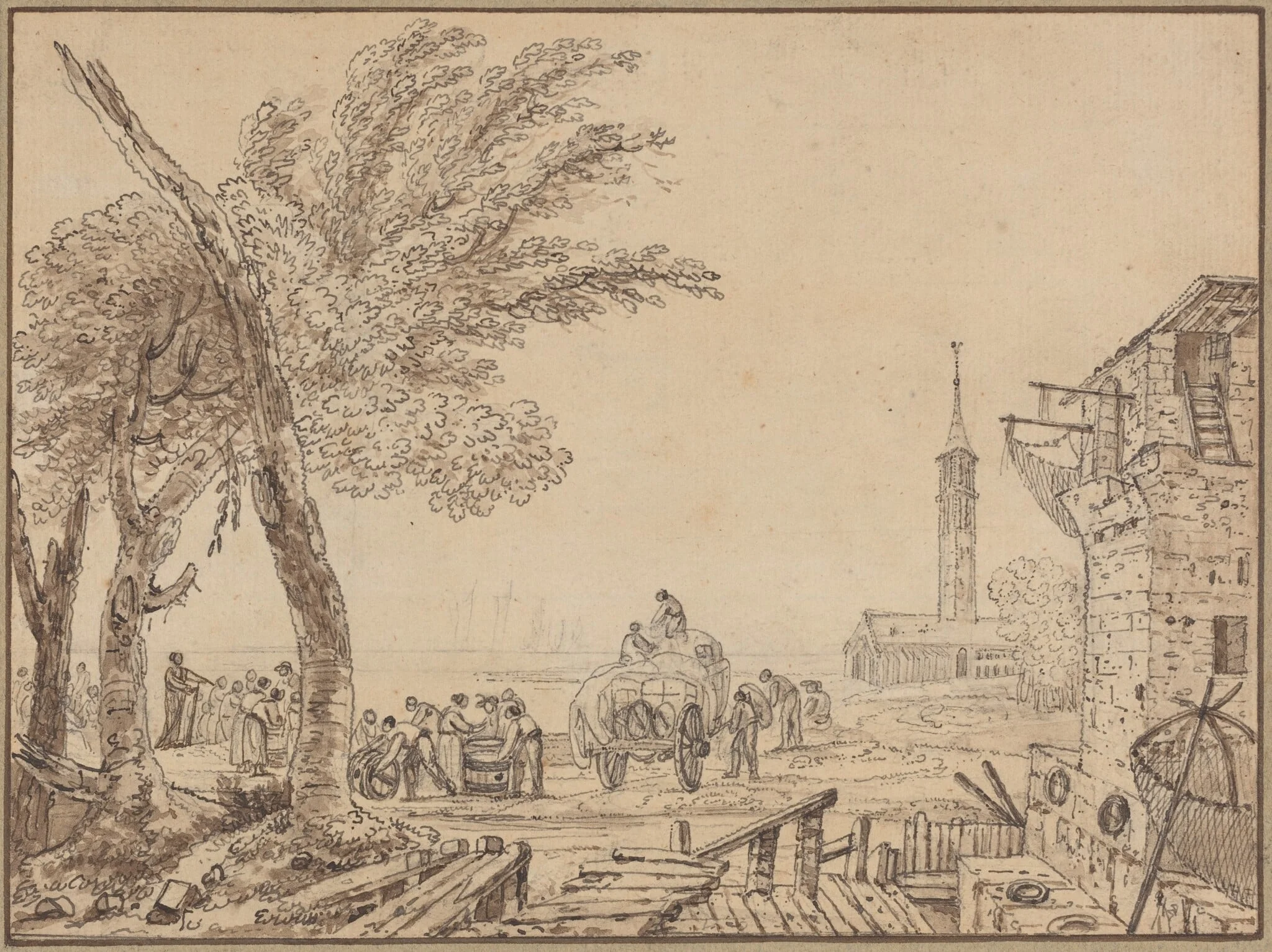 View of a Port, by European 18th Century, ink, 1750
