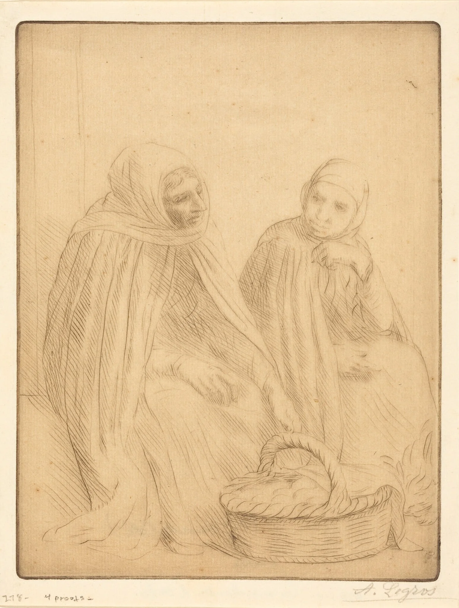 Egg-sellers, 1st plate (Les marchandes d'oeufs), by Alphonse Legros, ink, 1874