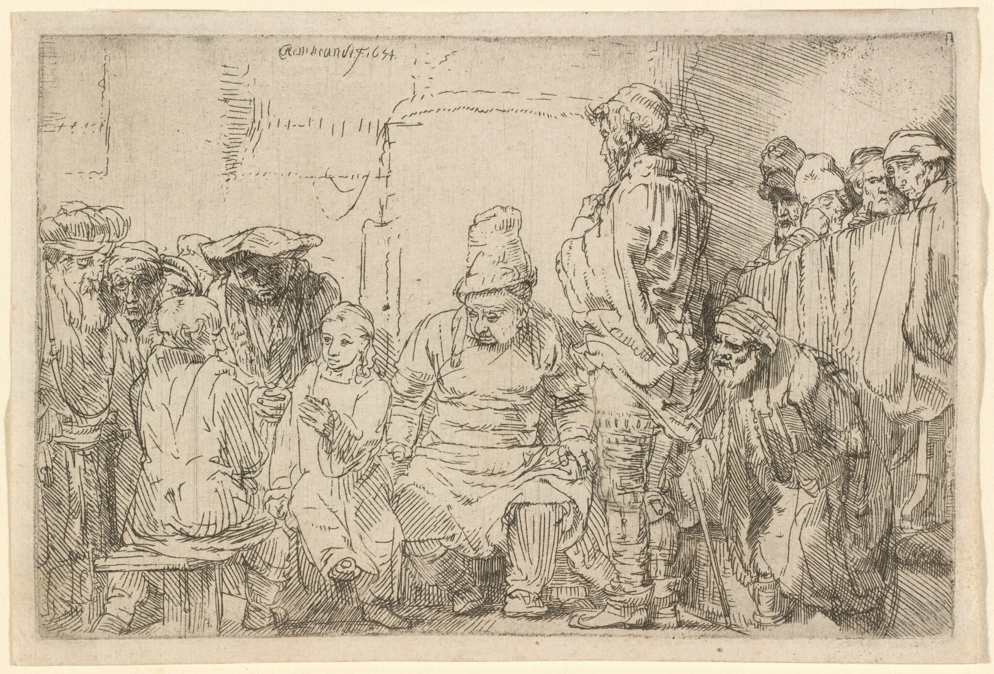 Christ Seated Disputing with the Doctors, by Rembrandt, ink, 1654