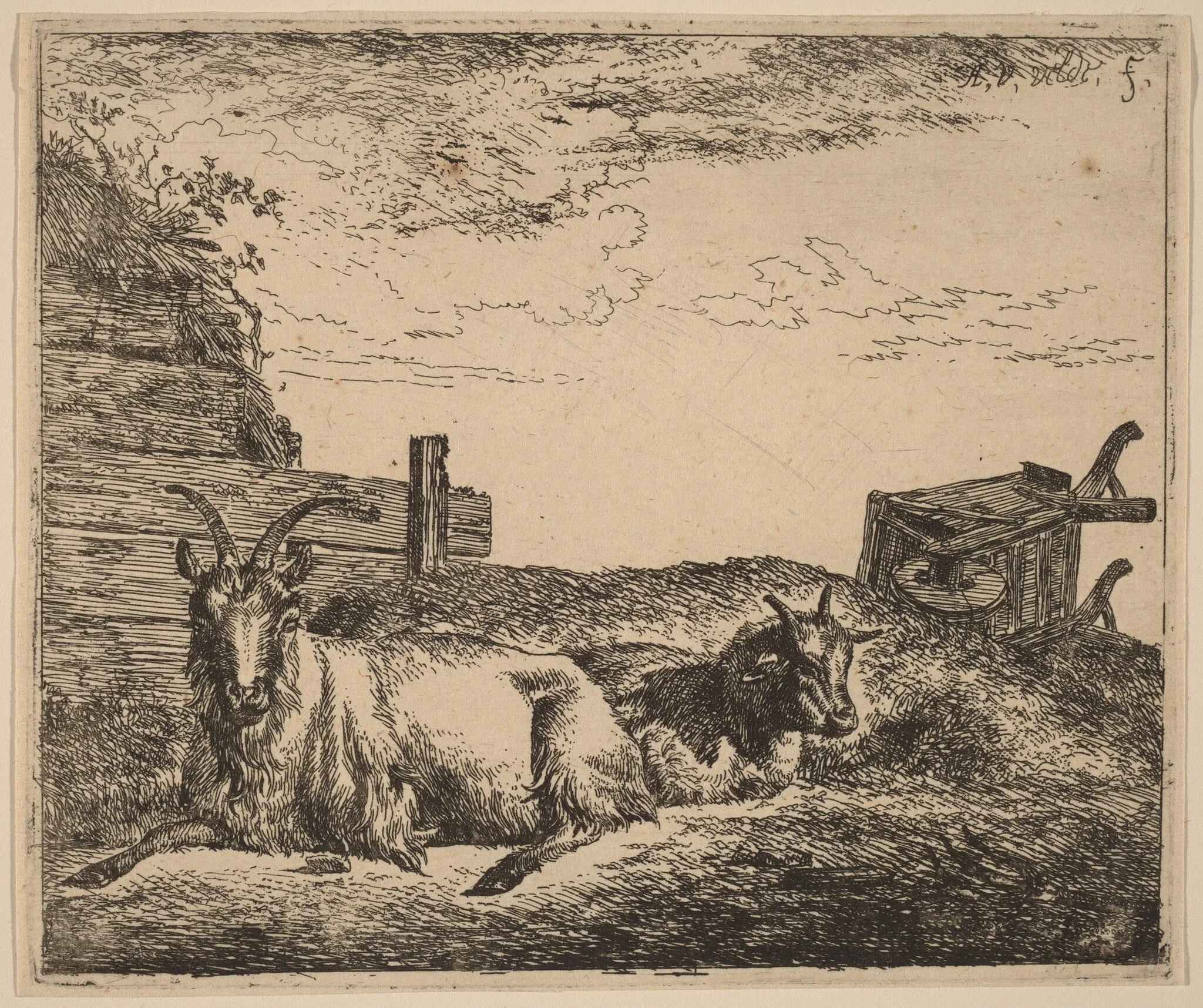 Recumbent Goats, by Adriaen van de Velde, ink, 1658