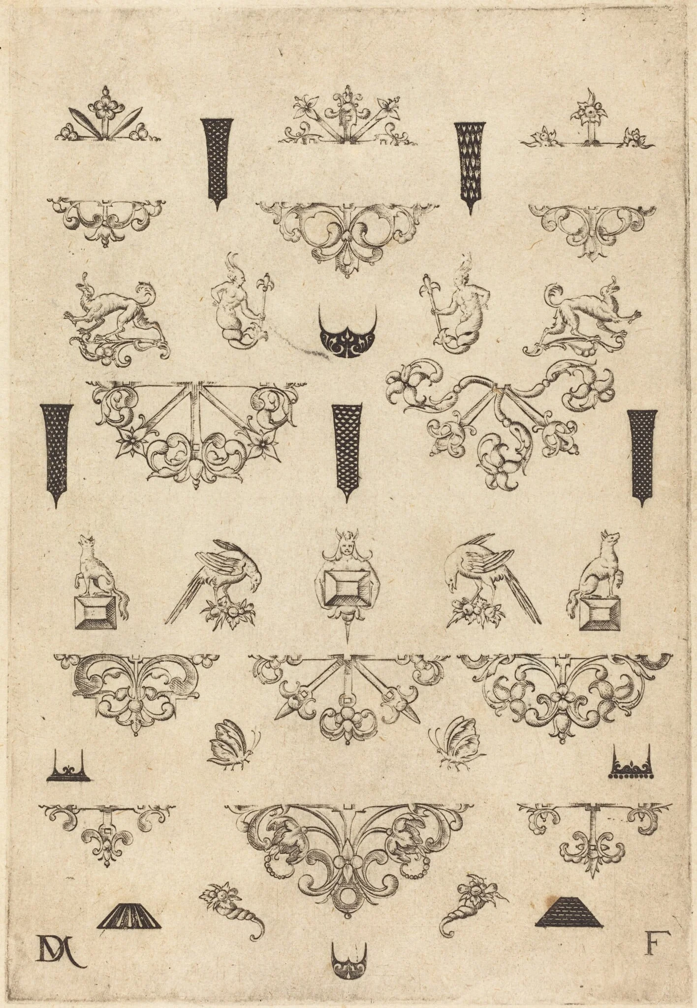 Eleven Different Studs and Twenty-Three Ornaments, by Daniel Mignot, ink, 1593