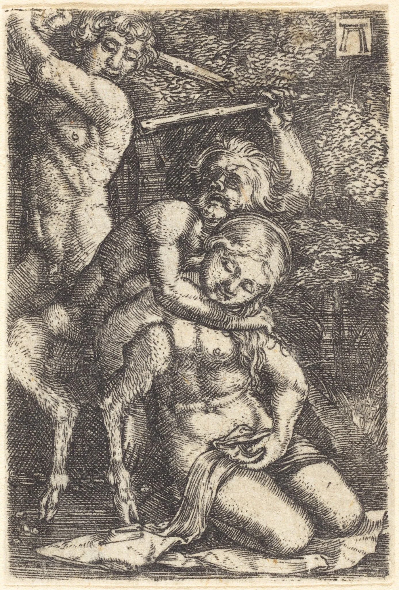 Two Satyrs Fighting about a Nymph, by Albrecht Altdorfer, ink, 1522