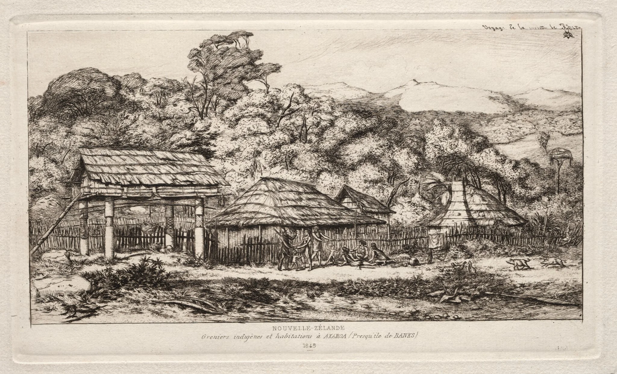 Native Barns and Huts at Akaroa, Banks' Peninsula, 1845, by Charles Meryon, 1865