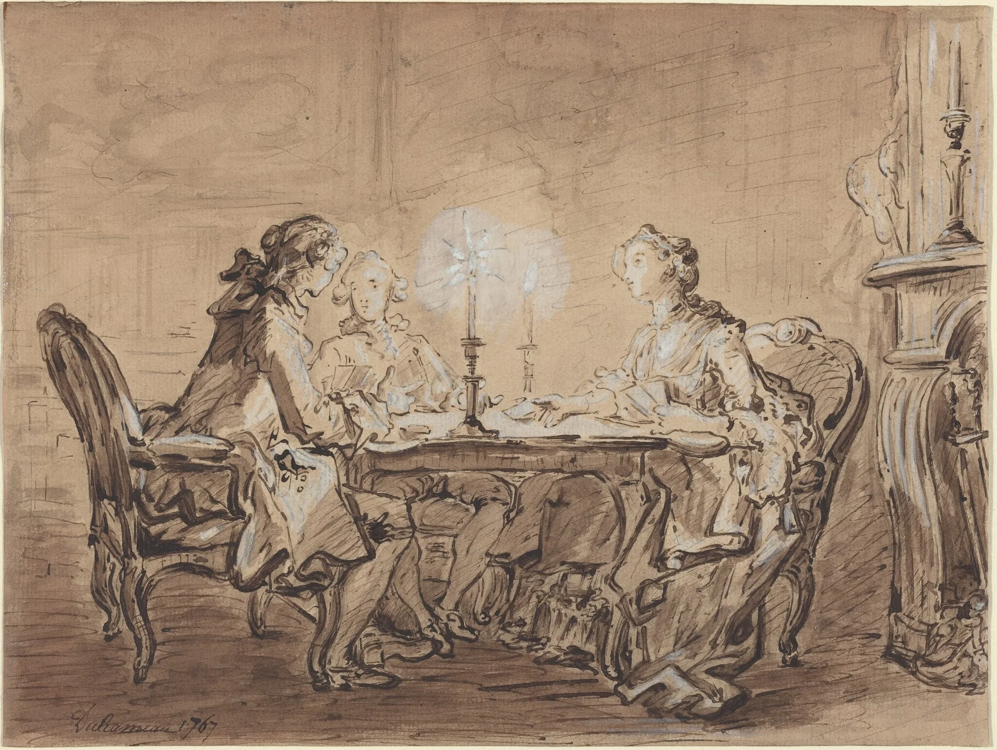 A Game of Cards, by Louis Durameau, ink, 1767