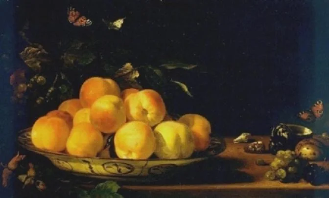 Peaches in a porcelain bowl, by Abraham van Calraet, oil, 1696